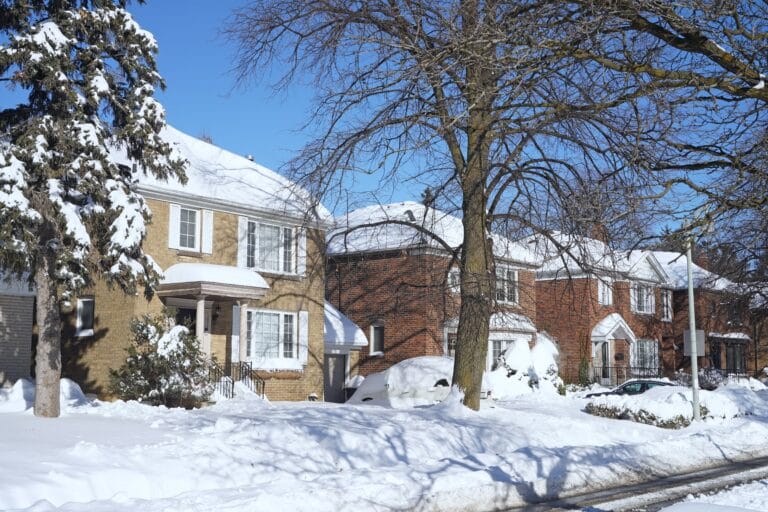 snowy brick houses